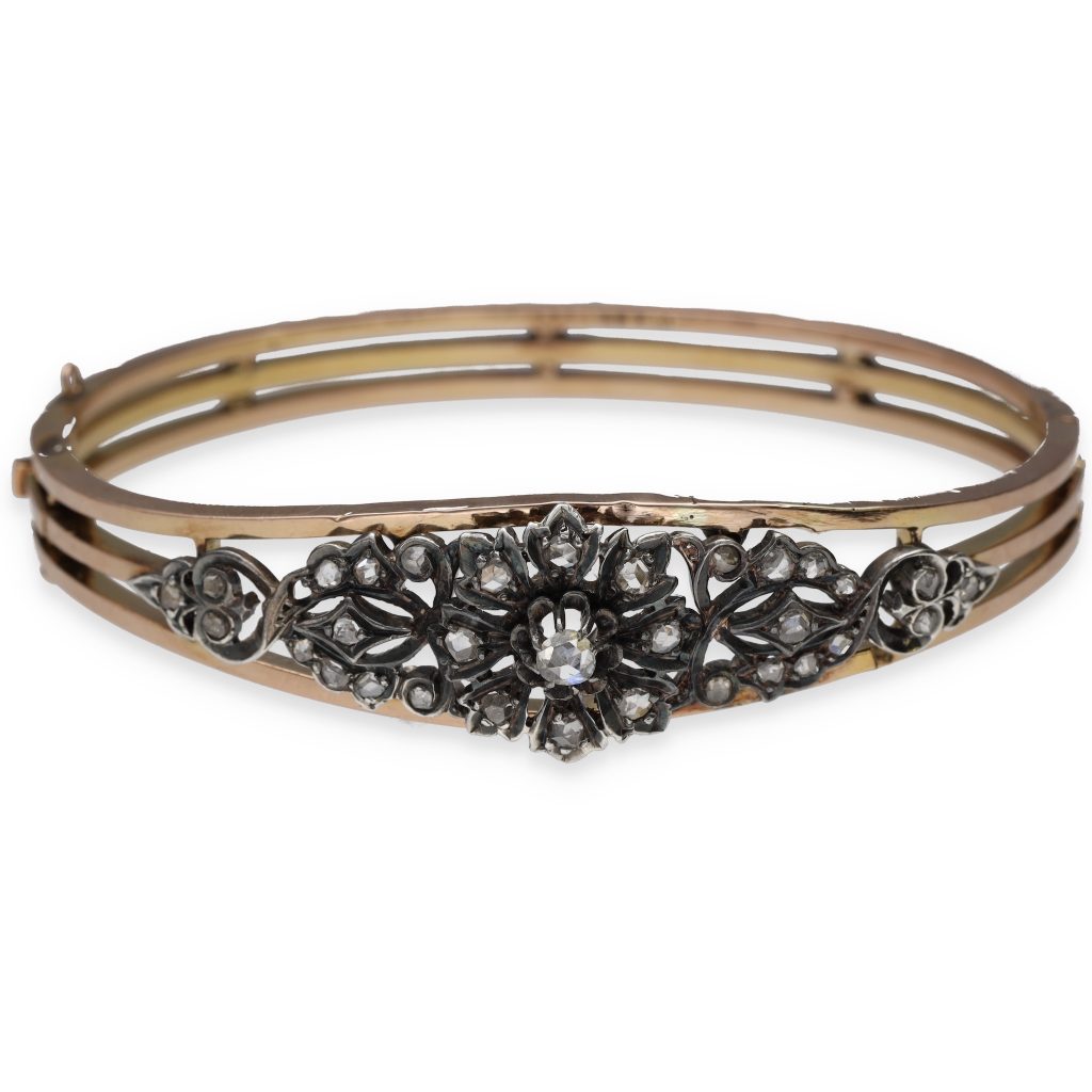Bracelet jonc XIX ème en or rose argent et diamants